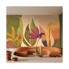Breathe life into your living room with a stunning panoramic wallpaper. This abstract botanical design from Casamance uses a warm, vibrant palette to create an immersive and artistic environment, turning a simple wall into a statement of modern design.