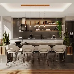 This sunroom features a fully equipped kitchen and bar counter with seating for four. It's a perfect example of how we incorporate functional amenities into our terrace designs for entertainment and daily use.