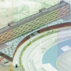 An architectural drawing of the accommodation block, showing its linear form and undulating green facade. The design orients rooms towards the stadium and the Western Ghats, ensuring every view is inspiring.