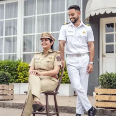 A unique and personal pre-wedding concept celebrating the couple's professions. She in her police uniform and he in his naval officer attire, this shoot is a powerful representation of their individual identities and shared journey.