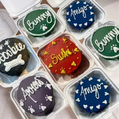 One size doesn't fit all! Our popular bento cakes are perfect for a personal treat. We can customize the color, flavor, and write your dog's name right on top.