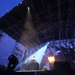 A low angle shot showing the scale of the concert rigging and lighting as I perform. I am comfortable working with professional, large scale technical setups to deliver a world class show.