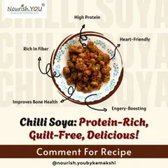 My healthy Chilli Soya is protein-rich, heart-friendly, and delicious. This graphic highlights its benefits, including being high in fiber and great for bone health, making it a guilt-free indulgence.