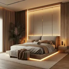Lighting is key in this bedroom design. An LED strip light frames the headboard wall, while another runs beneath the floating bed frame, creating a warm and inviting glow.