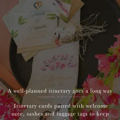 A well-planned itinerary is key for guest comfort. I design beautiful itinerary cards, welcome notes, and luggage tags to keep guests prepped and pampered.