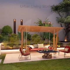 A cozy corner within the expansive Aligarh property. This render shows a seating area with a wooden pergola and swing, surrounded by lush greenery, demonstrating how we create intimate spaces even in large landscapes.