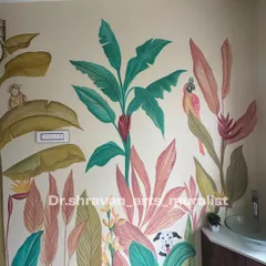 A fun, colorful tropical mural for a washroom area, featuring lush leaves, a parrot, a monkey, and a special appearance by the family's dalmatian, Kaala, peeking out from the bottom.