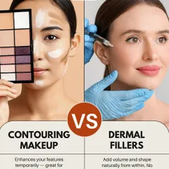 Why choose dermal fillers over contouring makeup? While makeup is temporary, dermal fillers add volume and shape from within for results that last 6-18 months. It's a low-maintenance way to achieve natural, long-lasting facial sculpting.