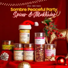 Our Sombre & Peaceful Party Essential Combo, perfect for a serene New Year's celebration. This festive collection includes a variety of our spices and mukhwas, beautifully arranged for gifting.