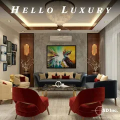 This living room is the definition of "Hello Luxury." We used a bold color palette with deep reds and blues, a striking central art piece, and a grand chandelier to create a space that is both dramatic and welcoming.
