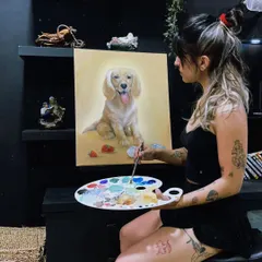 Another view of me working on the oil painting of Cleo. I focus on capturing the light in their eyes and their unique expression to make the portrait feel truly alive.