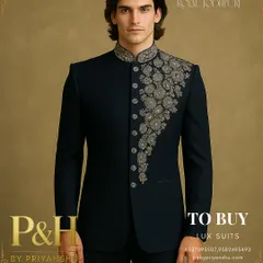 A closer portrait shot of the navy blue Jodhpuri, emphasizing the exquisite detail of the hand-embroidery on the collar and chest.