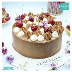 A classic Black Forest cake, generously decorated with fresh, juicy cherries, chocolate cream swirls, and dollops of white cream. The sides are coated in smooth chocolate frosting for a rich and satisfying experience.