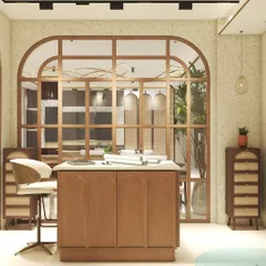 This private cabin was designed for a client who wanted a bright, warm, and inspiring workspace. I used a large, wood-framed arched glass partition to maintain an open feel while ensuring privacy. The custom desk with a marble top and ergonomic chair create a comfortable and stylish workstation.