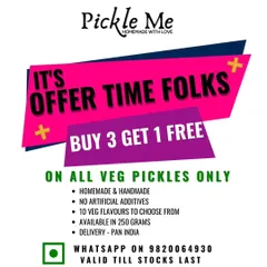 It's offer time, folks. We are running a 'Buy 3 Get 1 Free' deal on all our 10 delicious vegetarian pickle flavours. Time to stock up your pantry.