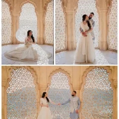 This collage captures the timeless elegance of a pre-wedding shoot within the famous jharokhas of Amer Fort. We used the natural light filtering through the intricate lattice work to create these soft, romantic portraits for Amrit and Gagan, showcasing both grand architecture and intimate moments.