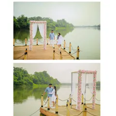 A two-part image showing the scale and beauty of the lakeside proposal setup. The serene water and lush greenery create a picturesque backdrop.