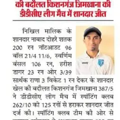 A newspaper clipping celebrating Nikhil Malik's incredible unbeaten double century. Scoring 200 not out off just 96 balls is a massive achievement.