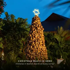 Christmas magic is here. Our sustainable Christmas tree, illuminated at dusk, creates an enchanting and festive atmosphere throughout the resort.