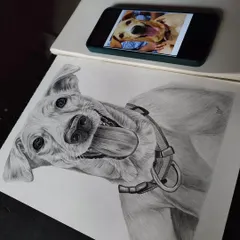 An angled view of the completed pet portrait on my sketchbook, with the reference photo visible in the background.