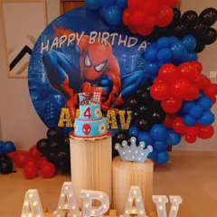 For all the little superhero fans, I create action-packed themes like this Spiderman birthday party. The setup features a dynamic backdrop with the iconic character, a balloon garland in Spidey's colors, and custom cake plinths, making the birthday boy feel like a true hero.