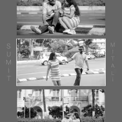 A black and white collage capturing candid moments of the couple on a city street. These photos, showing them walking and sitting by the roadside, create a timeless, documentary-style narrative of their life together before the baby arrives.