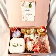 A friend of the bride wanted a special gift, and we were so happy to create this for her. This 'Bride to Be' hamper includes a personalized jewelry box, a custom sipper, and other pampering goodies for her to enjoy.
