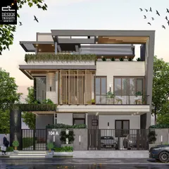 We designed this modern 50x80 duplex in Bengaluru to be a statement of contemporary living. The elevation features a dynamic play of angular facades, MS jaali screens, and integrated green spaces, creating a home that is both visually striking and perfectly suited for a modern family's lifestyle.