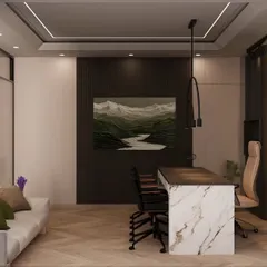 A view of the executive cabin from a different angle, showing the seating area for guests. The combination of a marble-clad desk and a comfortable sofa makes the space perfect for both work and meetings.
