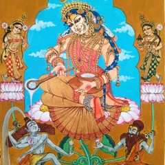 This painting of Annapoorna Devi for Dhanteras shows her as both the giver of food (Annadaa) and knowledge (Gyaanada). Flanked by Ramaa and Medini, she feeds the great mendicant Shiva himself, relieving him of the Brahma Kapaal, a story rich in symbolism from the heart of Kashi.