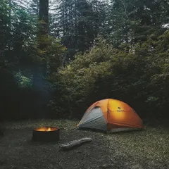 A solitary tent glows from within, nestled in a dense forest clearing. The nearby fire pit promises a warm, cozy evening under the canopy of trees. This is perfect for those seeking quiet and solitude.