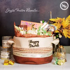 A cozy and rustic "Happy Diwali" hamper in a fabric-lined basket. This gift set includes jars of gourmet treats, a miniature deer figurine, and other festive decor, creating a warm and inviting present for the festival of lights.