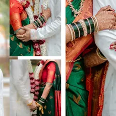 A detailed collage focusing on the essential elements of a Maharashtrian bride and groom's attire, from the green 'chuda' bangles to the holding of hands.