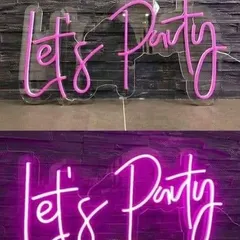 Get the party started with this 'Let's Party' neon sign. It's available for rent and adds a fun, vibrant touch to any celebration.