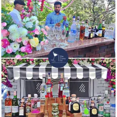 This collage showcases a Parisian-themed brunch bar. The top image shows our bartenders at work amidst floral decor, while the bottom image highlights the custom-illustrated bar front and premium spirit selection.