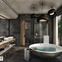 A luxurious bathroom design featuring dark marble, a freestanding circular tub, and unique pendant lighting. This rendering creates a spa-like atmosphere, emphasizing relaxation and high-end finishes.