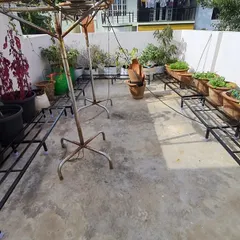 A wide view of a terrace layout using our long, single-tier stands. This setup helps define the garden area, keeping pots organized along the walls and leaving the central space open and uncluttered.