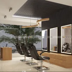 This 3D concept for a haircutting station emphasizes both style and functionality. It features full-length mirrors with integrated backlighting, comfortable styling chairs, and ample storage, all set against a modern backdrop of dark wood slats and large windows for natural light.