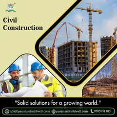 We provide solid solutions for a growing world. This collage highlights the key aspects of our civil construction services, from on-site planning and teamwork to the large-scale structures we create.