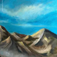 A work-in-progress shot of a large acrylic mountainscape on canvas. This piece is all about capturing the grandeur of the Himalayas under a dramatic blue sky, using bold brushstrokes and a rich color palette.