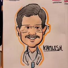 A close-up of a caricature created during a tech conference. The event branding is visible on the paper, making it an effective piece of marketing collateral.