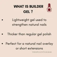 A quick breakdown of what builder gel is. It's a lightweight, thicker-than-polish gel used to strengthen natural nails or create short extensions.