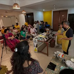 A full view of my Sattvic Cooking Workshop in session. I teach participants how to prepare the light, healthy, and delicious food we serve at our ashrams and retreats.