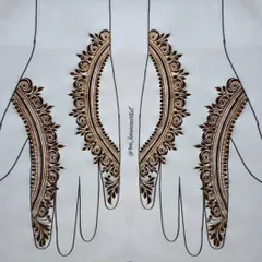 The finished Gulf mehendi designs from the tutorial. Practicing on templates like this allows you to perfect your symmetry and line work before applying the henna to both hands.