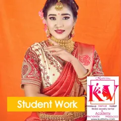 Another excellent piece of student work. This shows a complete look with a focus on a flawless base, well-defined eyes, and perfect placement of the maang tikka and nose ring.