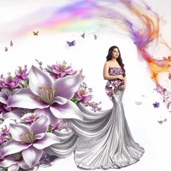 A stunning piece of creative art where the client's silver gown dissolves into a beautiful floral and butterfly motif. This is a perfect option for creating a truly unique and imaginative keepsake.