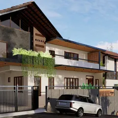 Sculpted to the natural terrain of Kodagu, this multi-level dwelling is unified by a striking brick feature wall. A glass step-out space accentuates the front elevation, offering captivating views of the expansive paddy fields and surrounding nature.
