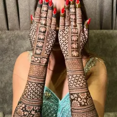 A full bridal design is a statement. This intricate pattern, featuring traditional elephant motifs, covers the hands and arms in a stunning display of detailed henna art.