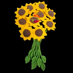 A bright and cheerful bouquet of my crochet sunflower bookmarks. Each sunflower is attached to a long green stem, making it a lovely and practical gift for any book lover.