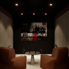 The full view of the theater and podcast room concept. The space is designed to be easily converted from a viewing room to a recording setup for two people.